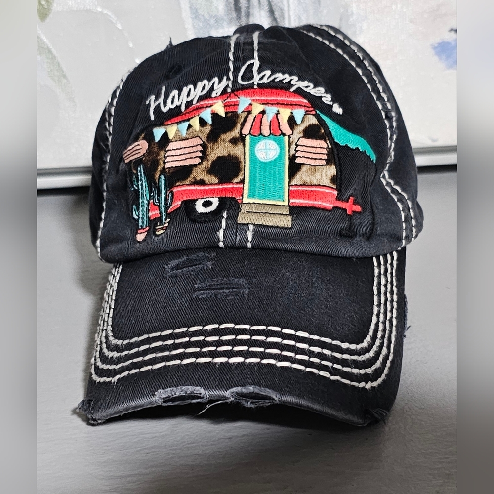 Distressed 1st Edition Black HAPPY CAMPER Adjustable Cap/Hat - Picture 2 of 8